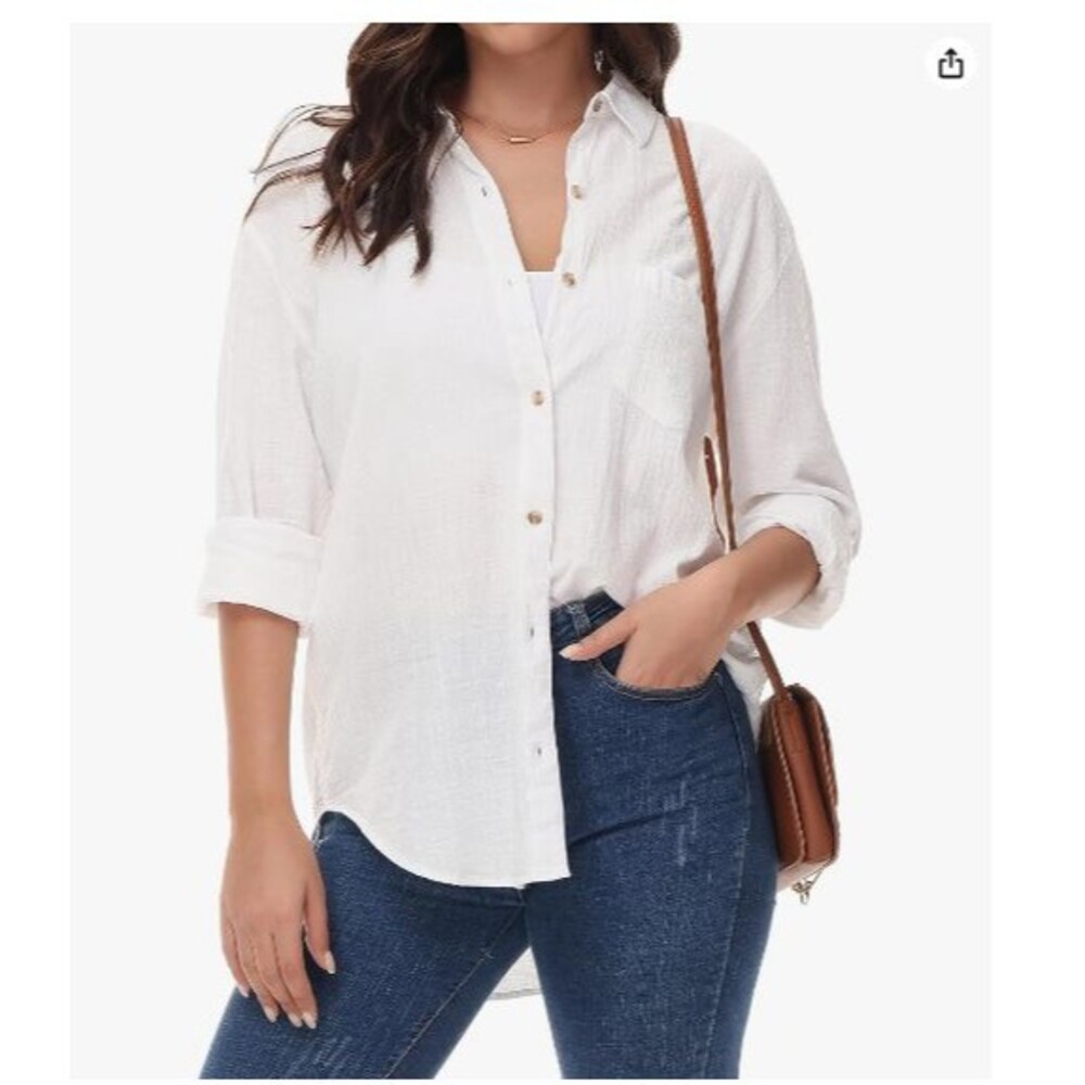 Women's Linen Button Down Shirts SMALL Boyfriend Long Sleeve White